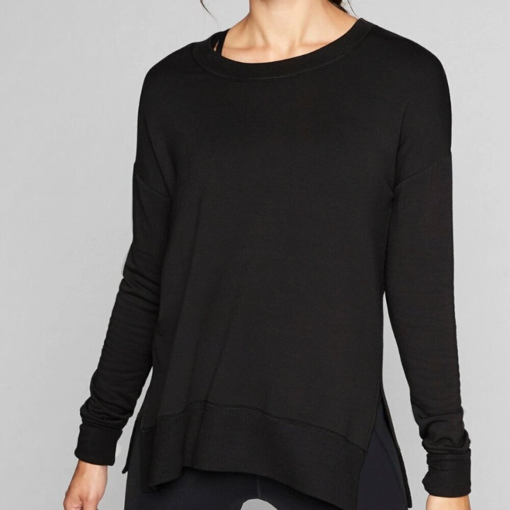 Athleta Coaster Luxe Sweatshirt  Black Crew Neck Oversized Sweater Thumb Holes